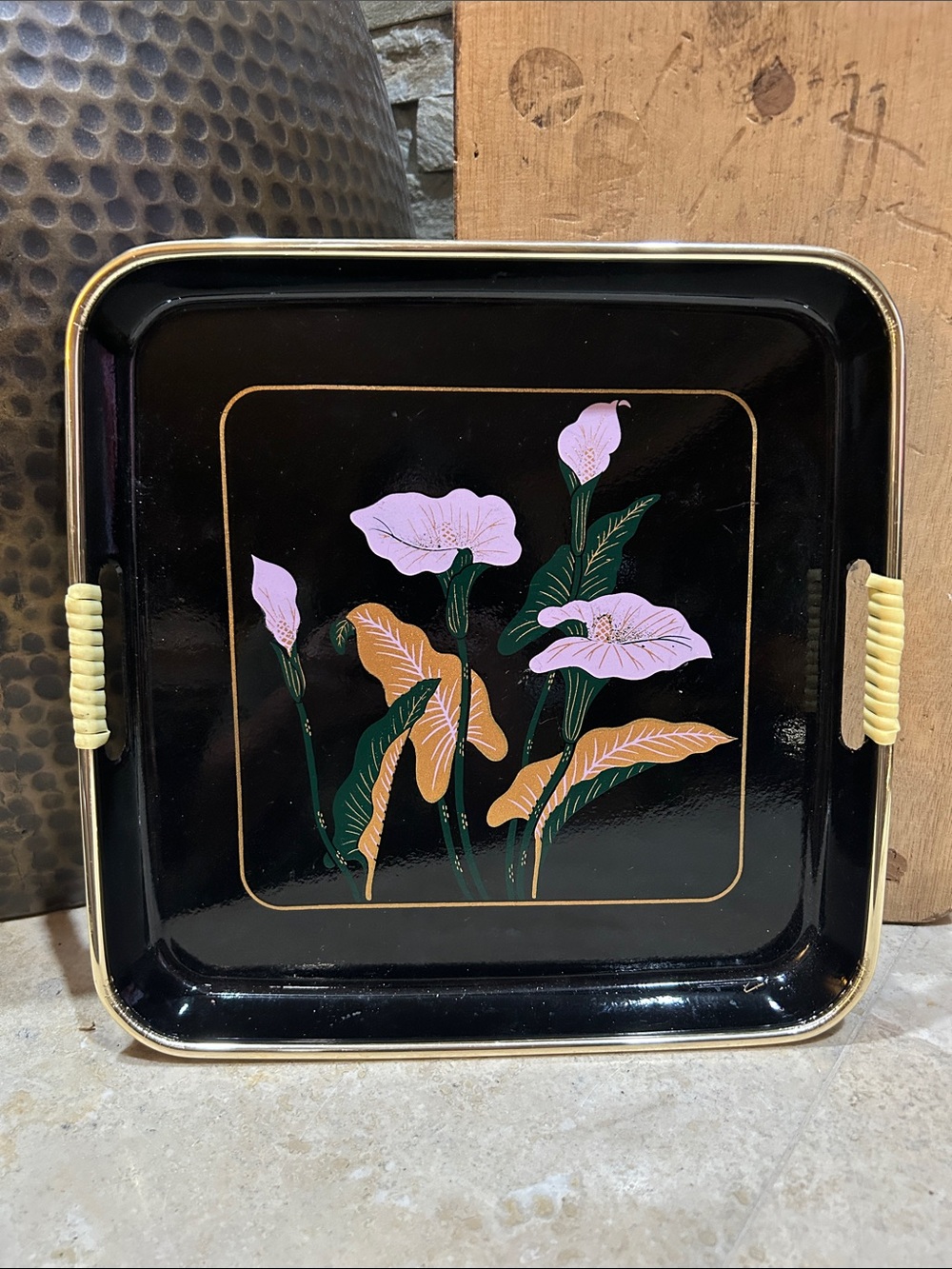 vintage Japanese lacquerware serving tray featuring a hand-painted Calla Lilies